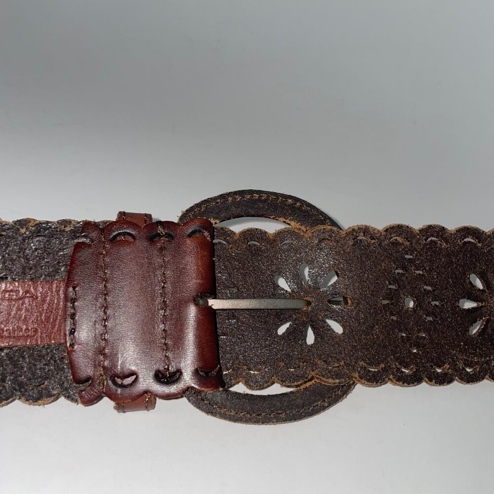 Via Spiga Brown Leather Belt Boho Cut-Out Design Size L Hippie Boho - Picture 5 of 8